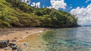 Una playa con agua cristalina, costa rocosa y abundante vegetación.