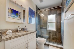 Hair dryer, towels, soap, shampoo