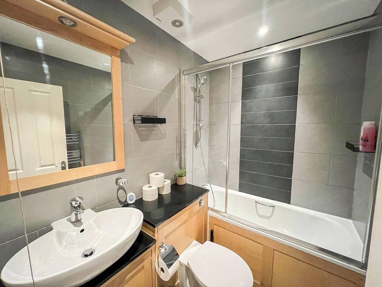 Hair dryer, towels, soap