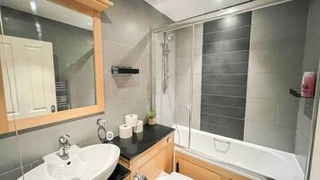 Hair dryer, towels, soap