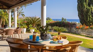 Une terrasse extérieure meublée de mobilier en osier, une table dressée avec des assiettes, des bols et des bouteilles, entourée de plantes en pot et offrant une vue sur la mer.