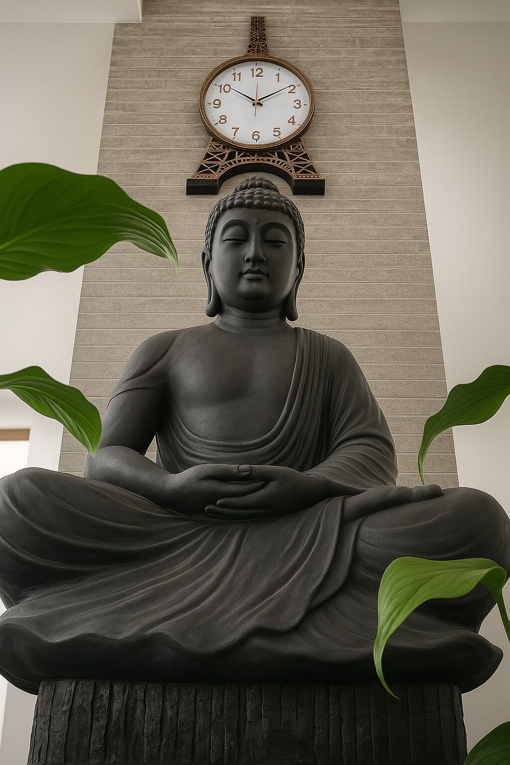 Una estatua grande de Buda en posición meditativa, con un reloj encima.