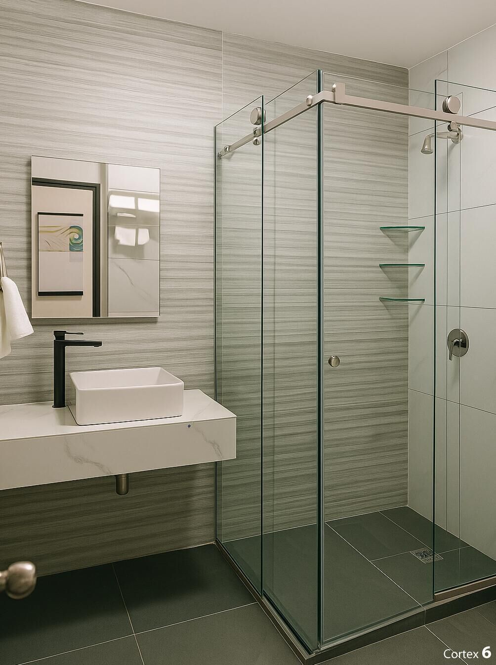 A modern bathroom with a glass shower enclosure, a white sink, and a mirror.