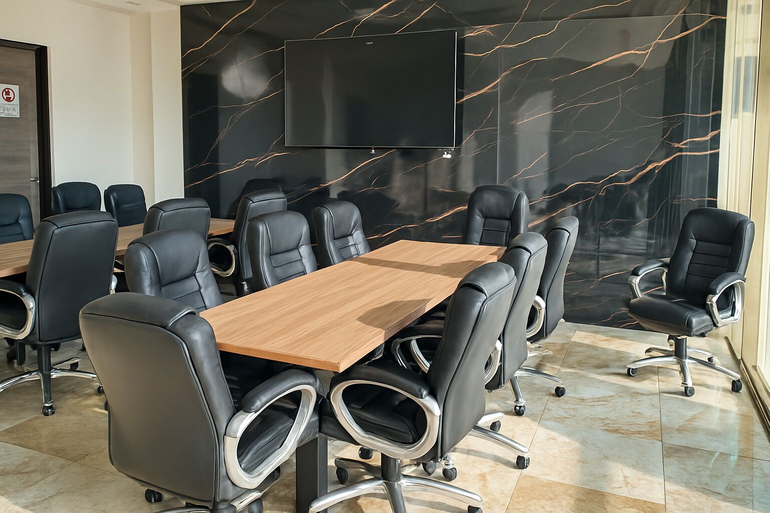 A conference room with a long table, black leather chairs, a flat-screen TV, and a black marble wall.