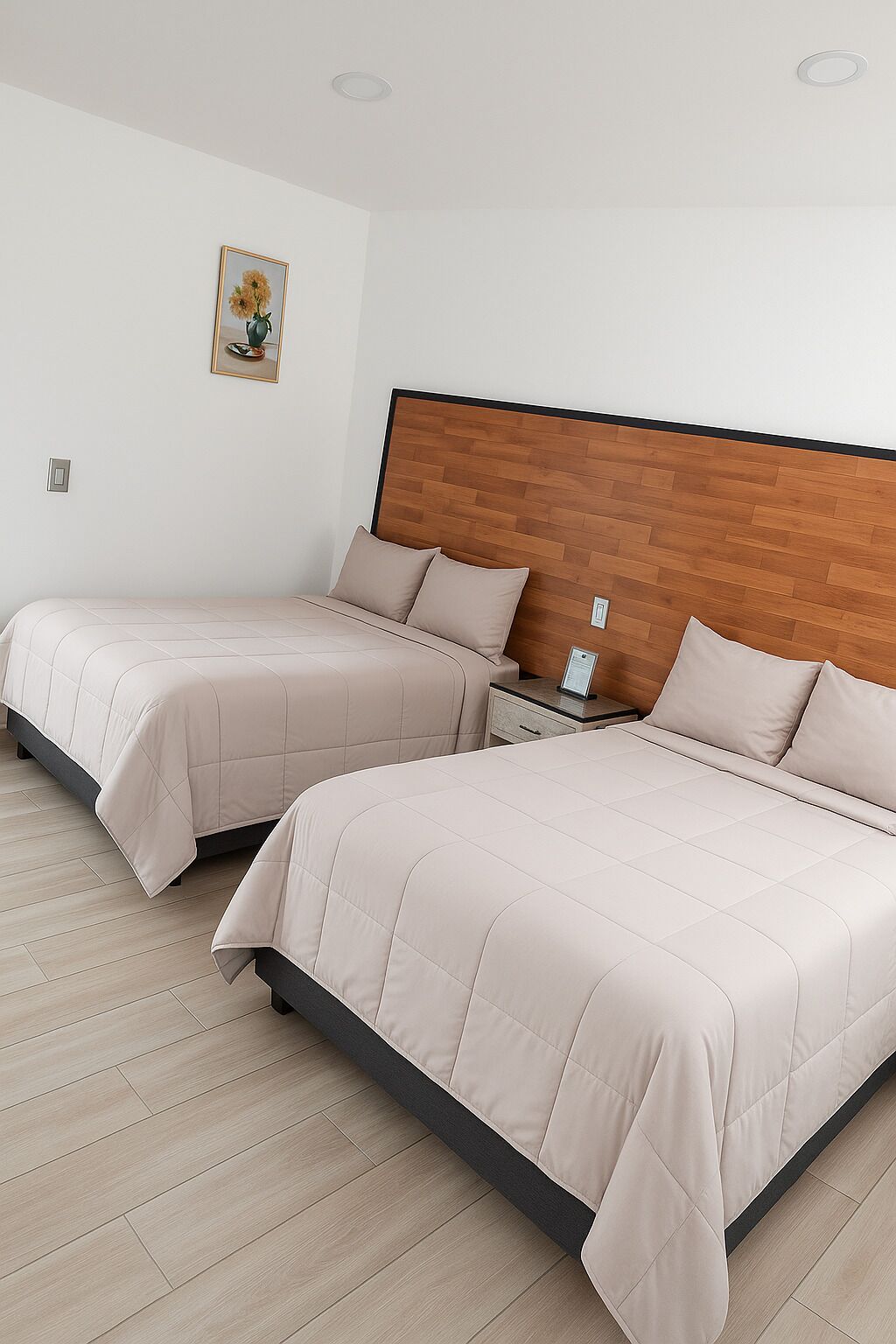 A hotel room with two beds, a wooden headboard, a nightstand, and a wall-mounted light fixture.