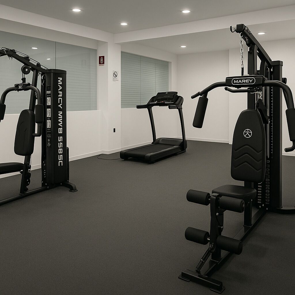 A gym with a treadmill, weight machines, and a bench.