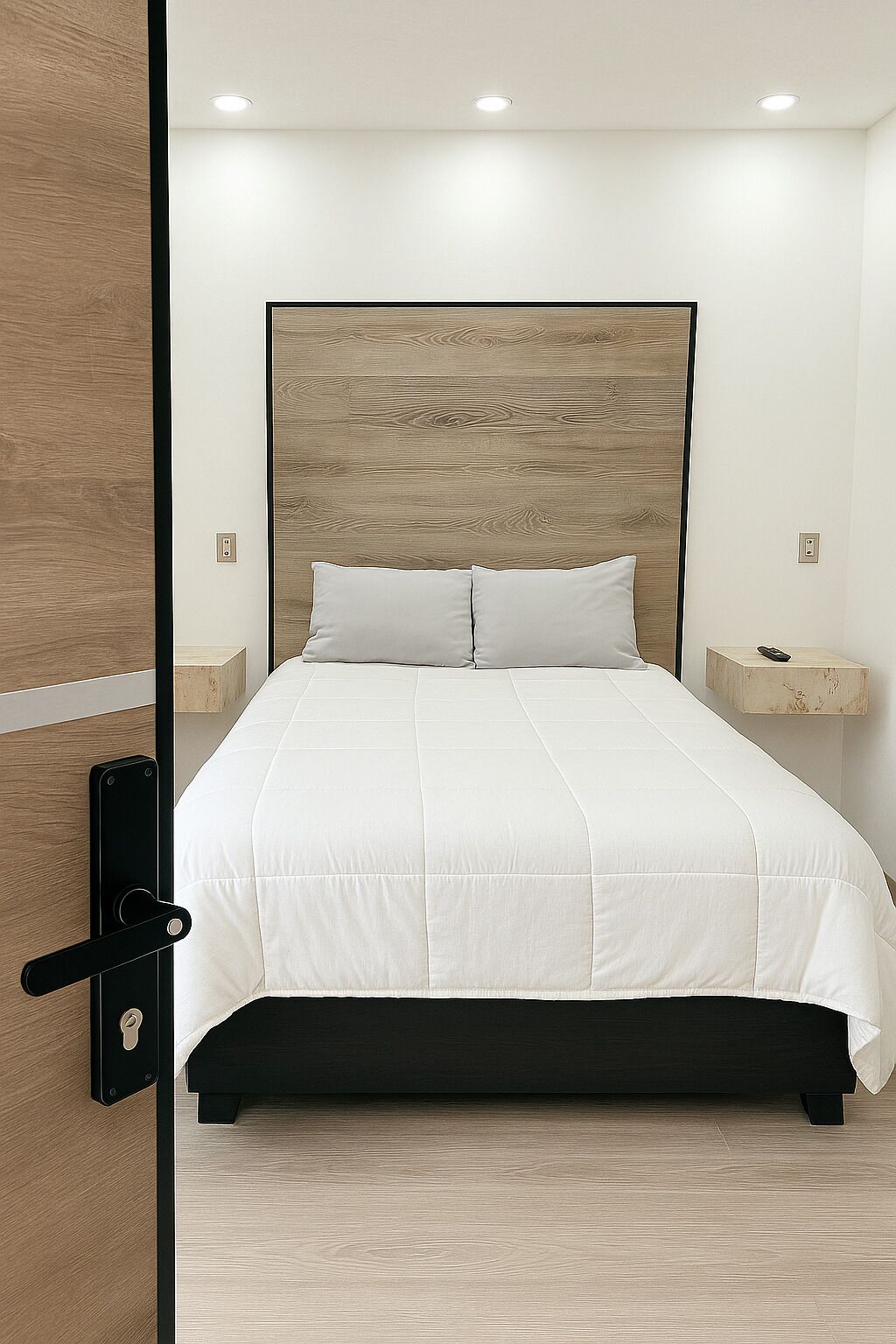 Una cama bien hecha con cabecera de madera, una mesita de noche con control remoto y un interruptor de luz en la pared.