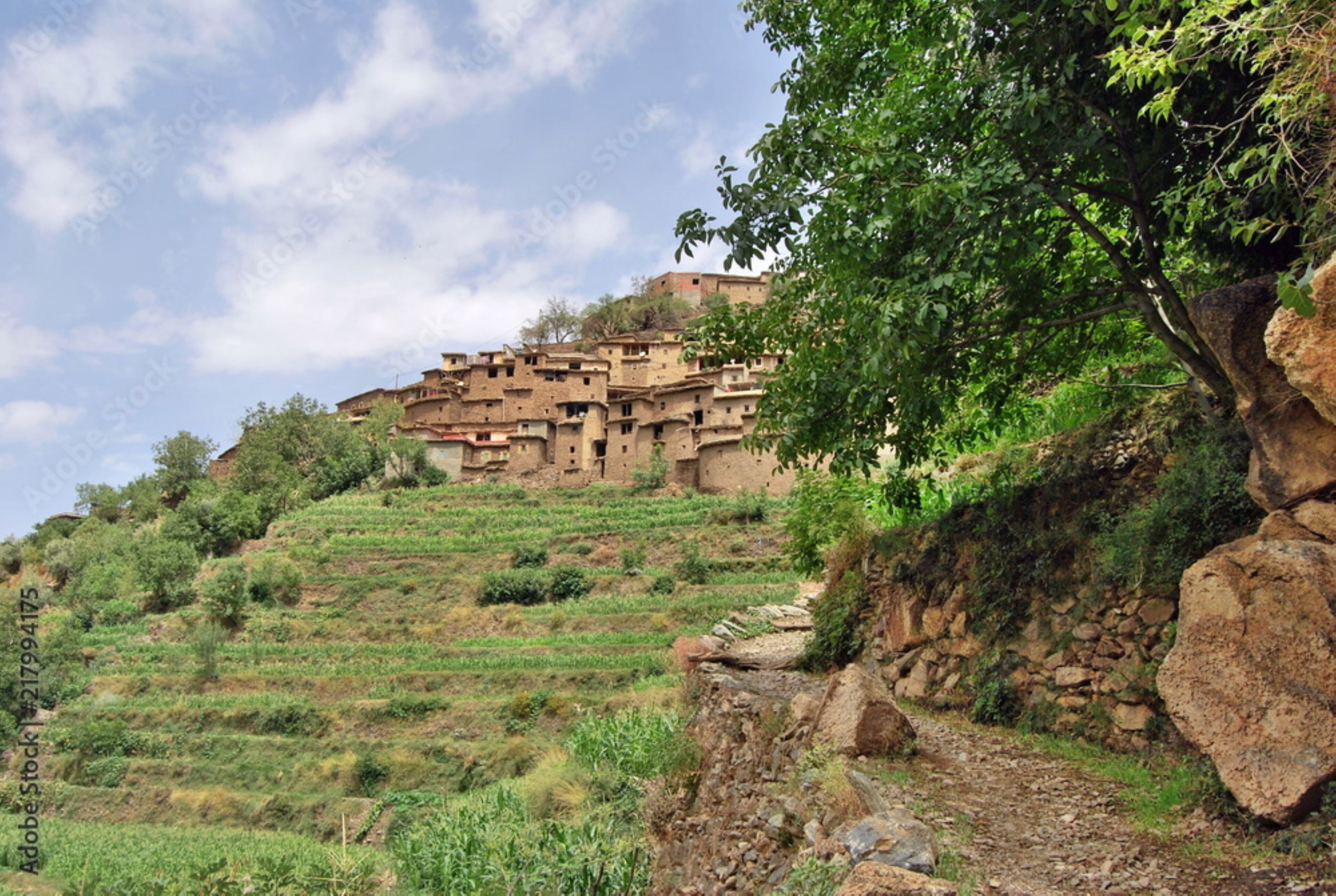 A hillside village with terraced fields and traditional stone buildings.