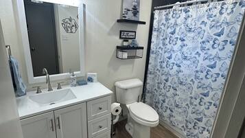 Shower, hair dryer, towels, soap