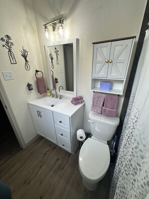 Douche, sèche-cheveux, serviettes fournies, savon