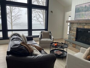 Smart TV, fireplace, foosball, books