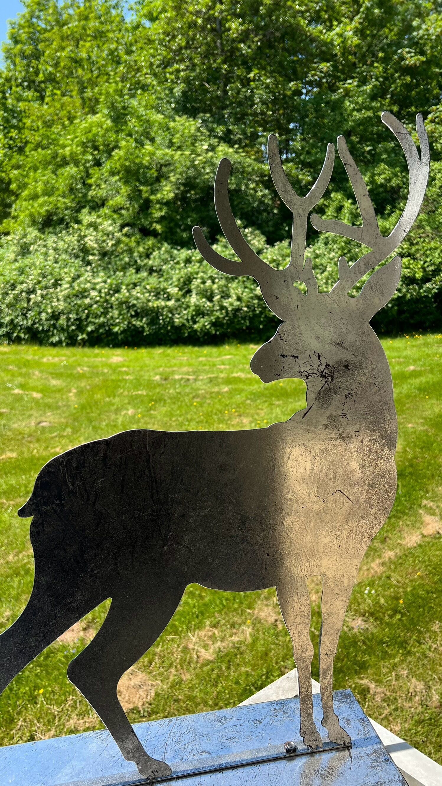 A metal deer sculpture on a blue platform in a grassy area with trees in the background.