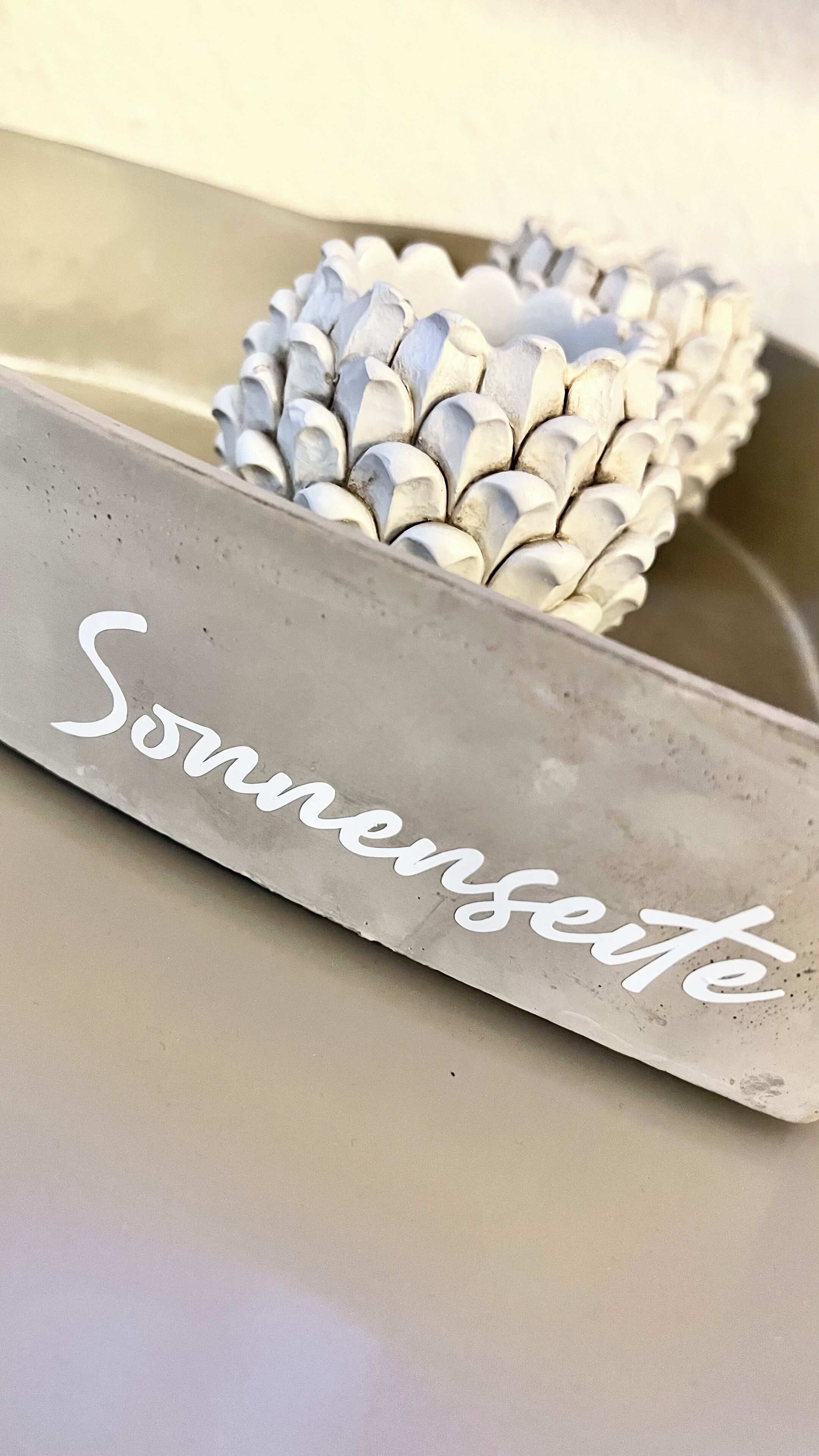 A metallic tray with the inscription "Sonnenseite" and a decorative pine cone.