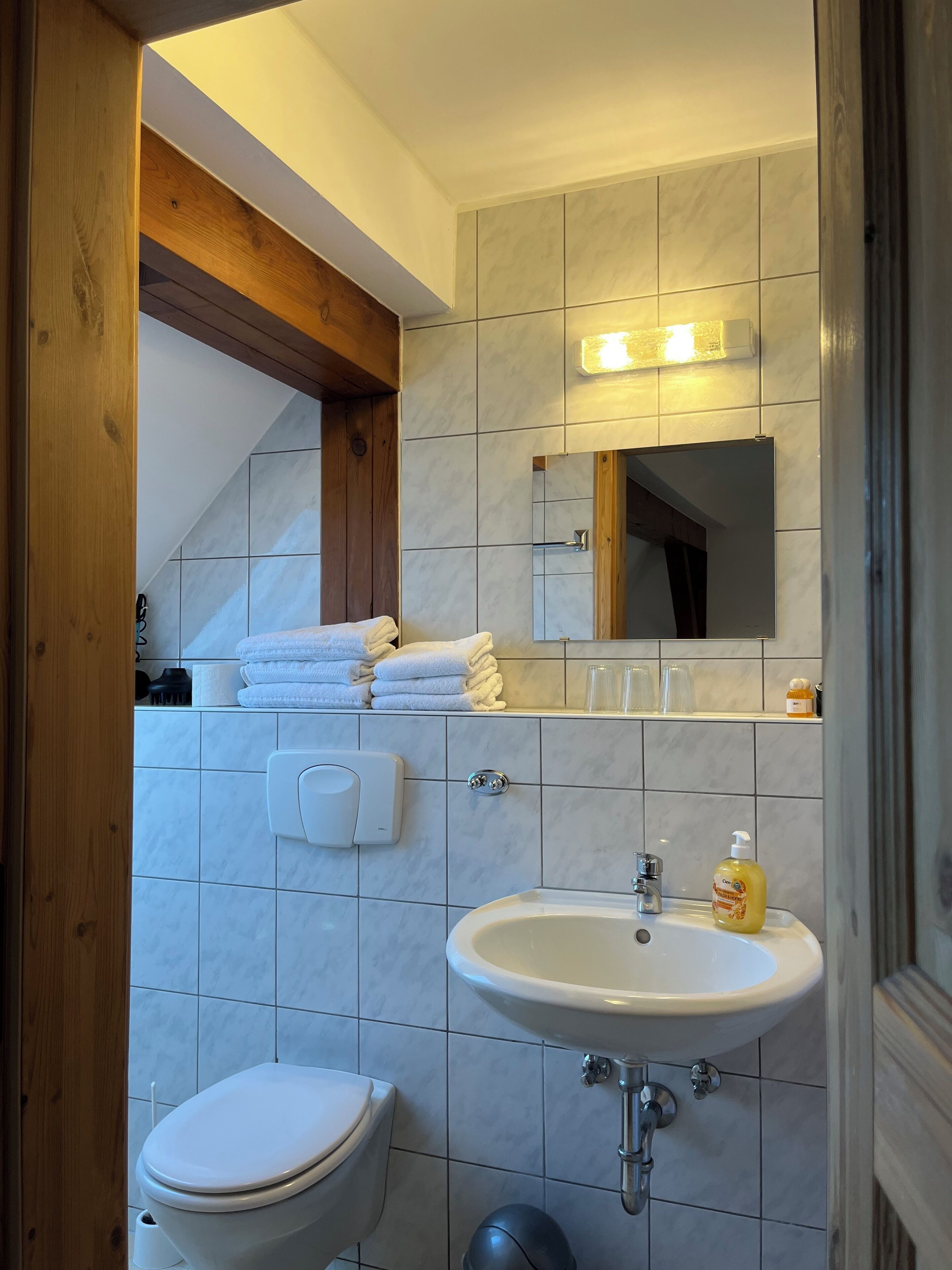 Dusche, Haartrockner, Handtücher, Seife