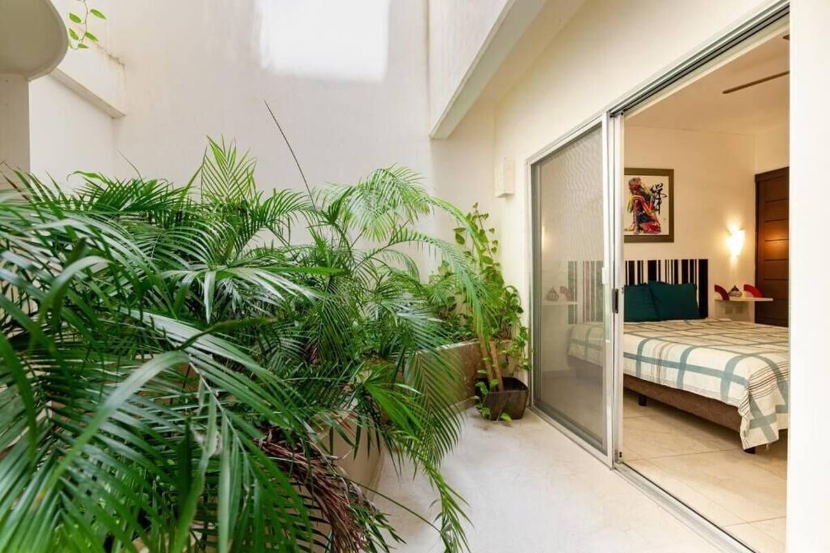 Un dormitorio moderno con cama, puerta corrediza de vidrio y una planta grande en maceta al frente.