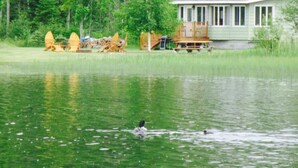 A lakeside cabin with a dock and a boat. - Cozy 2-bedroom cabin between Levering and Cheboygan on Lancaster Lake (Levering)