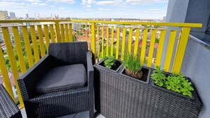 Ein Balkon mit einem Korbstuhl und zwei Pflanzgefäßen mit Grünpflanzen.