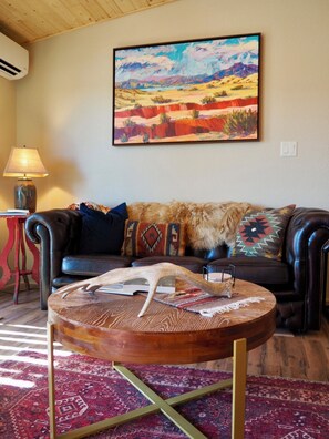 Smart TV, fireplace, books