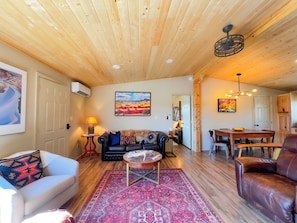 Smart TV, fireplace, books