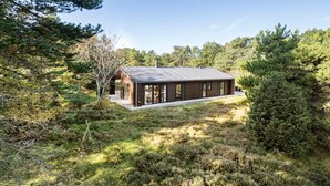 Uma cabana moderna com telhado inclinado, rodeada por uma floresta densa.