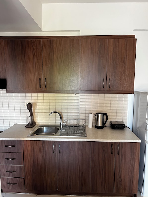 Fridge, oven, coffee/tea maker, electric kettle