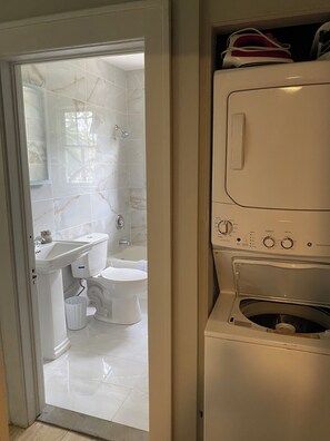 Eco-friendly toiletries, hair dryer, towels, soap