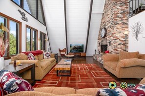 Smart TV, fireplace, books