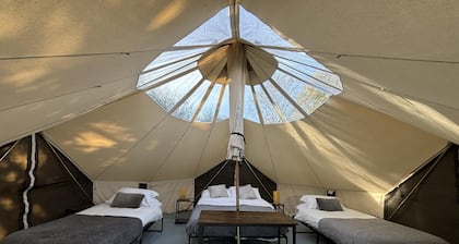 Cozy Winter Hot Tent With Log Burner, Tv & Hot tub
