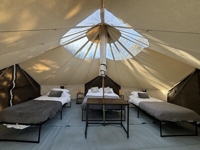 Cozy Winter Hot Tent With Log Burner, Tv & Hot tub