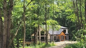 A cabin in a forest with a dirt path leading to it.