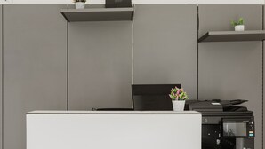 A modern office space with a desk, printer, and two potted plants on shelves. - Room 'Camera 3' with Balcony, Wi-Fi and Air Conditioning (San Giuseppe Jato)