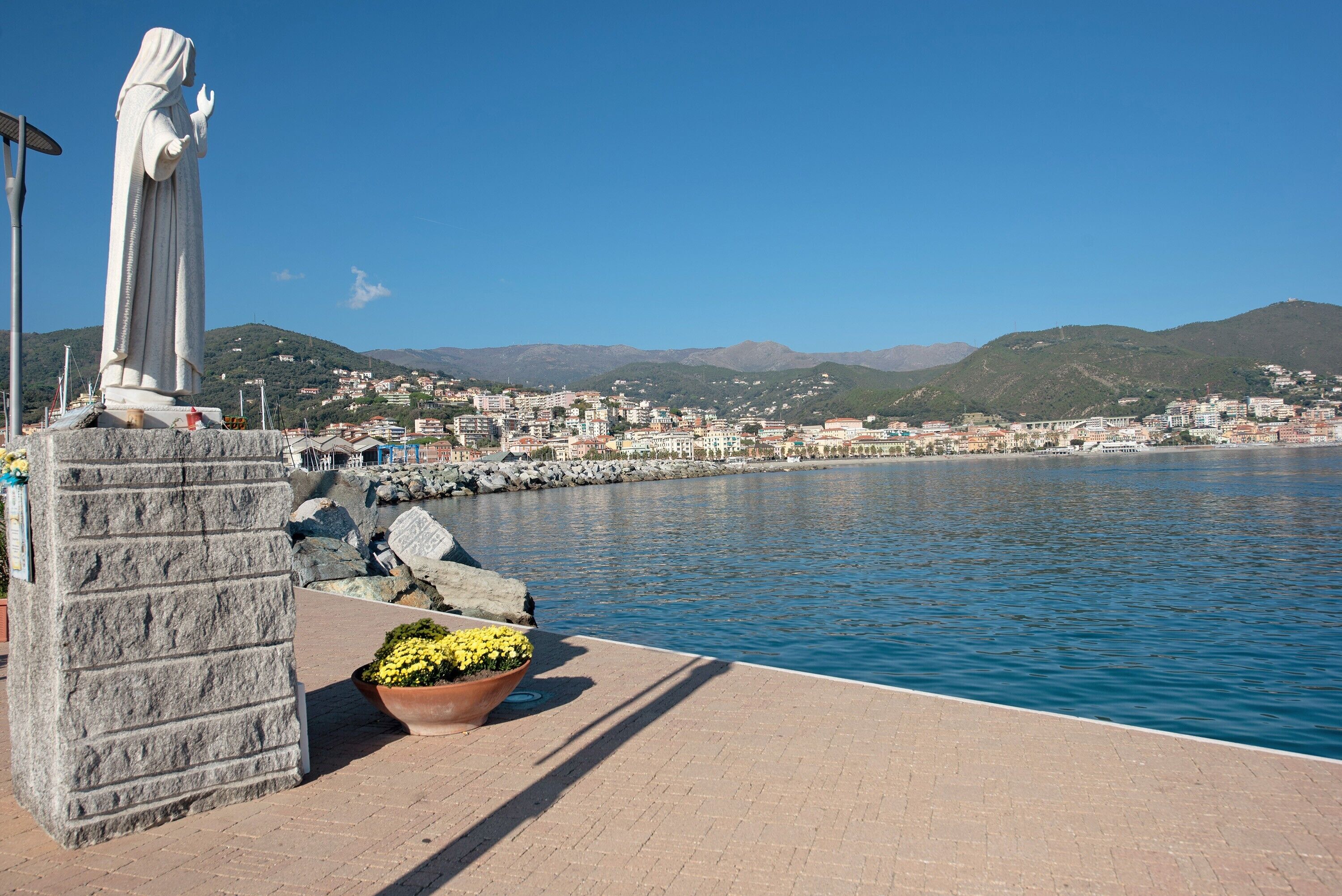 A statue on a stone pedestal by a waterfront with a cityscape in the background.