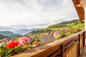 A balcony with a wooden railing overlooking a village with houses and mountains in the background.