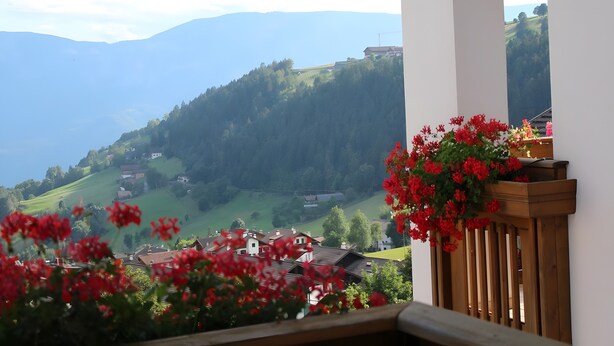 Balcó amb vista a un paisatge de muntanyes, barana de fusta i flors vermelles.