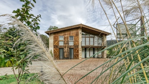 Un edificio de madera rústica con un sendero de ladrillo que conduce a él, rodeado de follaje.