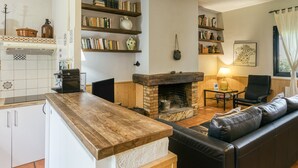 Un salon chaleureux avec une cheminée, un canapé, une table basse et une bibliothèque.