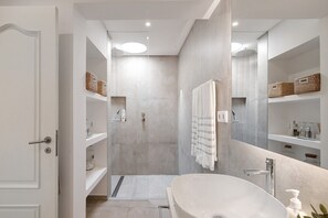 Chuveiro, secador de cabelo, toalhas de banho 