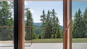 A modern building with large glass doors, a metal fence, and a view of a forested mountain area.