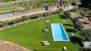 Ein Swimmingpool, umgeben von einer gepflegten Rasenfläche mit mehreren Liegestühlen.