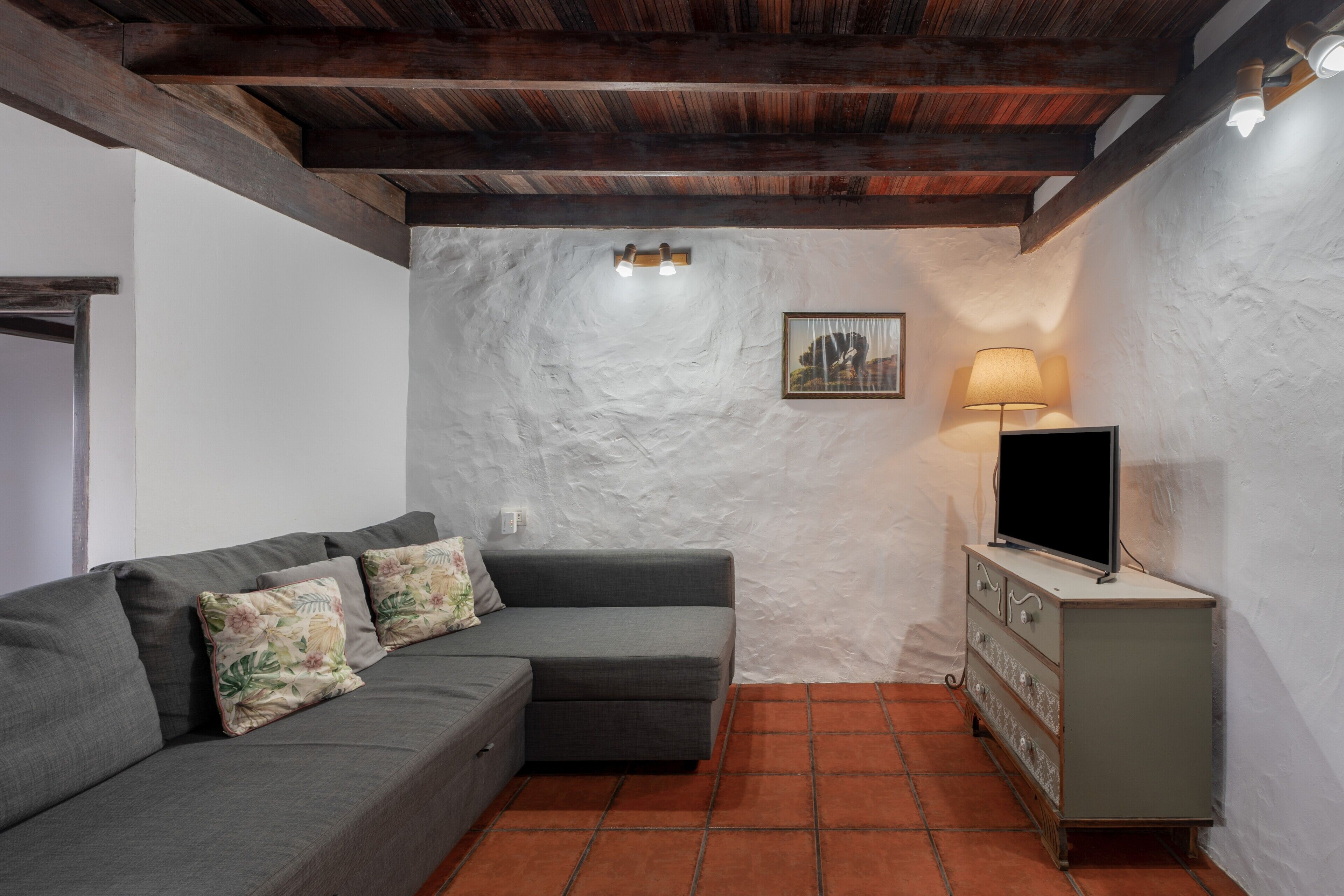 Une pièce avec un canapé gris, un plafond en bois, un mur blanc à la finition texturée, un petit meuble sur lequel se trouve un téléviseur, et une lampe.