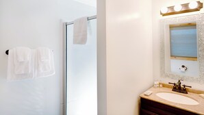Een badkamer met een douche, een wastafel met opbergruimte en een spiegel met verlichting.