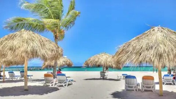 A beach with thatched umbrellas and lounge chairs. - Stunning 2-BDR apartment with pool/sea view I-403 (BAVARO)