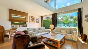 TV, fireplace, books, stereo