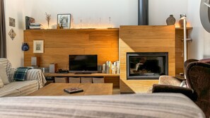 TV, fireplace, books, stereo
