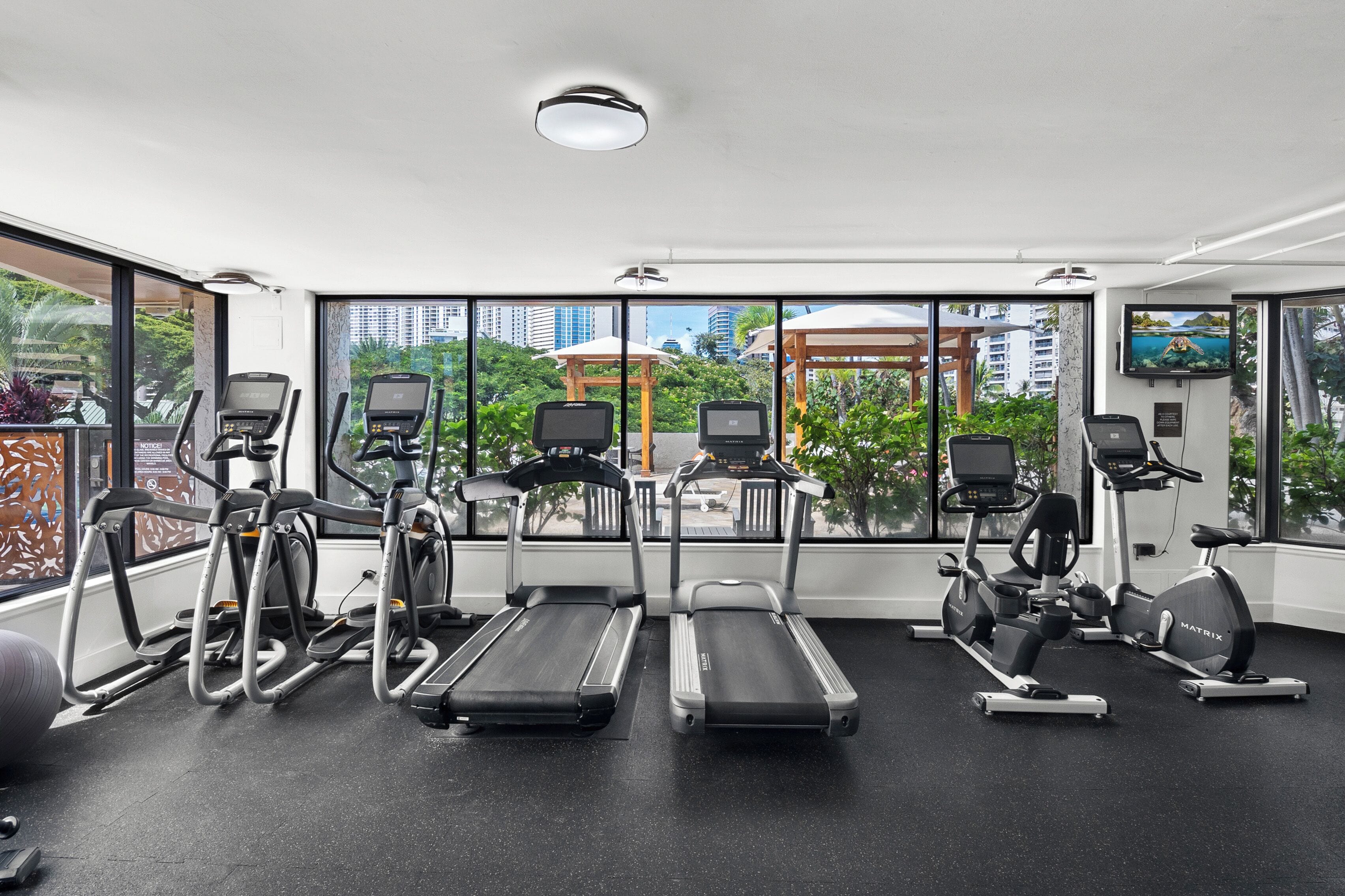 A gym with treadmills, elliptical machines, and exercise bikes, large windows with a view of buildings and greenery.