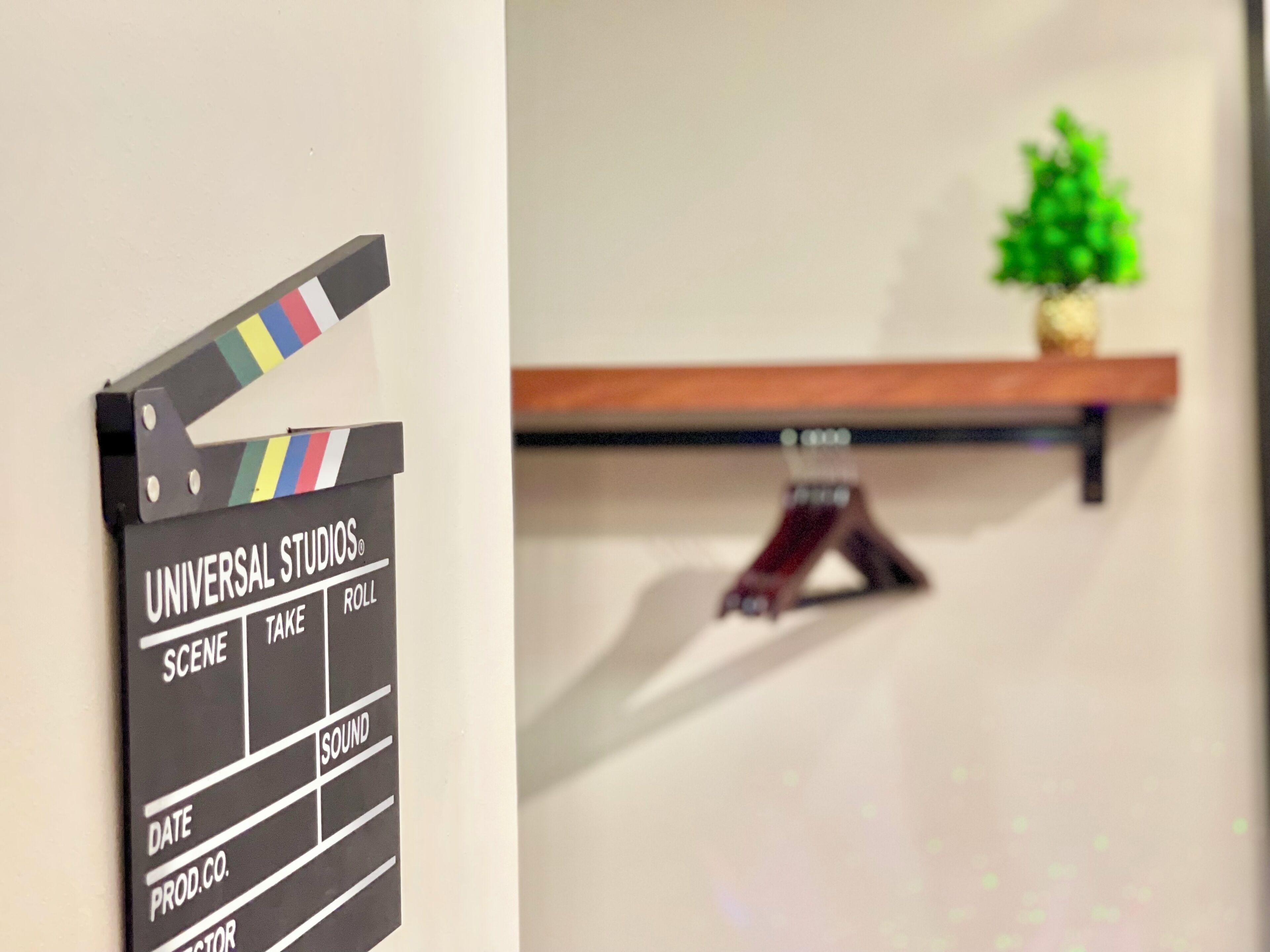 A clapperboard with 'UNIVERSAL STUDIOS' and 'ROLL' visible, a shelf with a plant, and a wooden shelf with a decorative item.