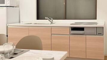 Fridge, microwave, stovetop, electric kettle