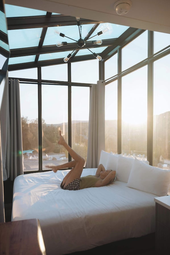 A room with a large bed, a ceiling fan, and a view through the windows.