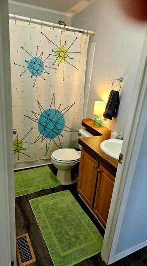 Hair dryer, towels, soap, shampoo
