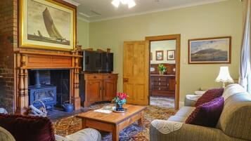 Smart TV, fireplace, books